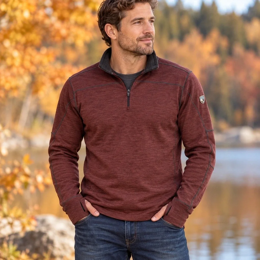 Kuhl Ryzer 1/4 Zip Pullover Mens L Burgundy Heather Thumbholes Hiking 3112 Gorp